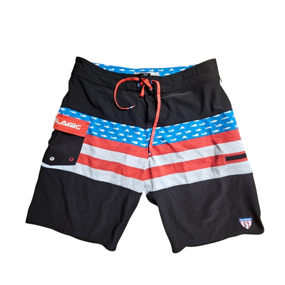 Pelagic Ridgemont Board Shorts Mens 36 American Flag Shark Fishing Trunks Resort